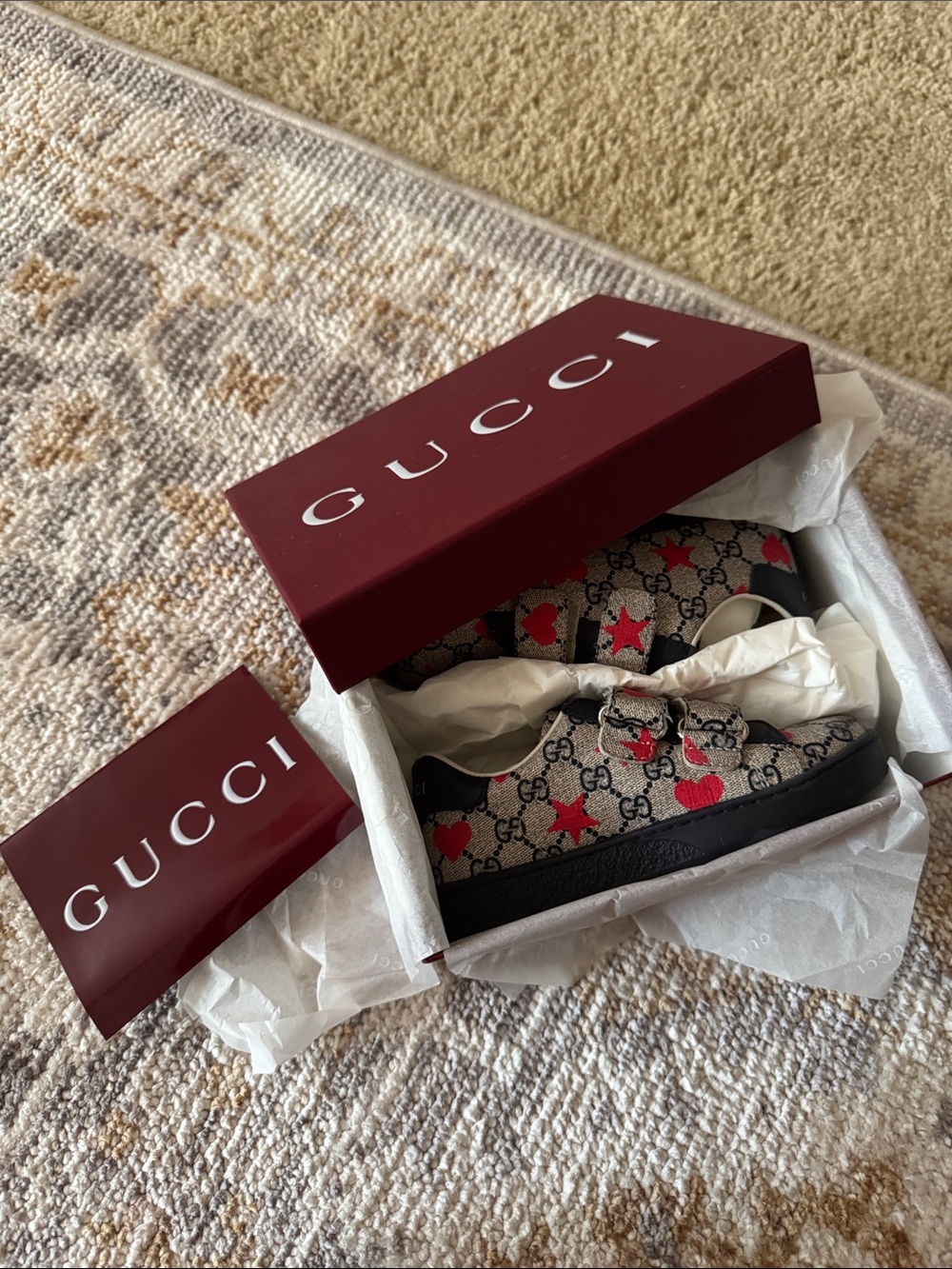 Gucci kids Beige GG Canvas Loafers with Red Star & Heart Motif
